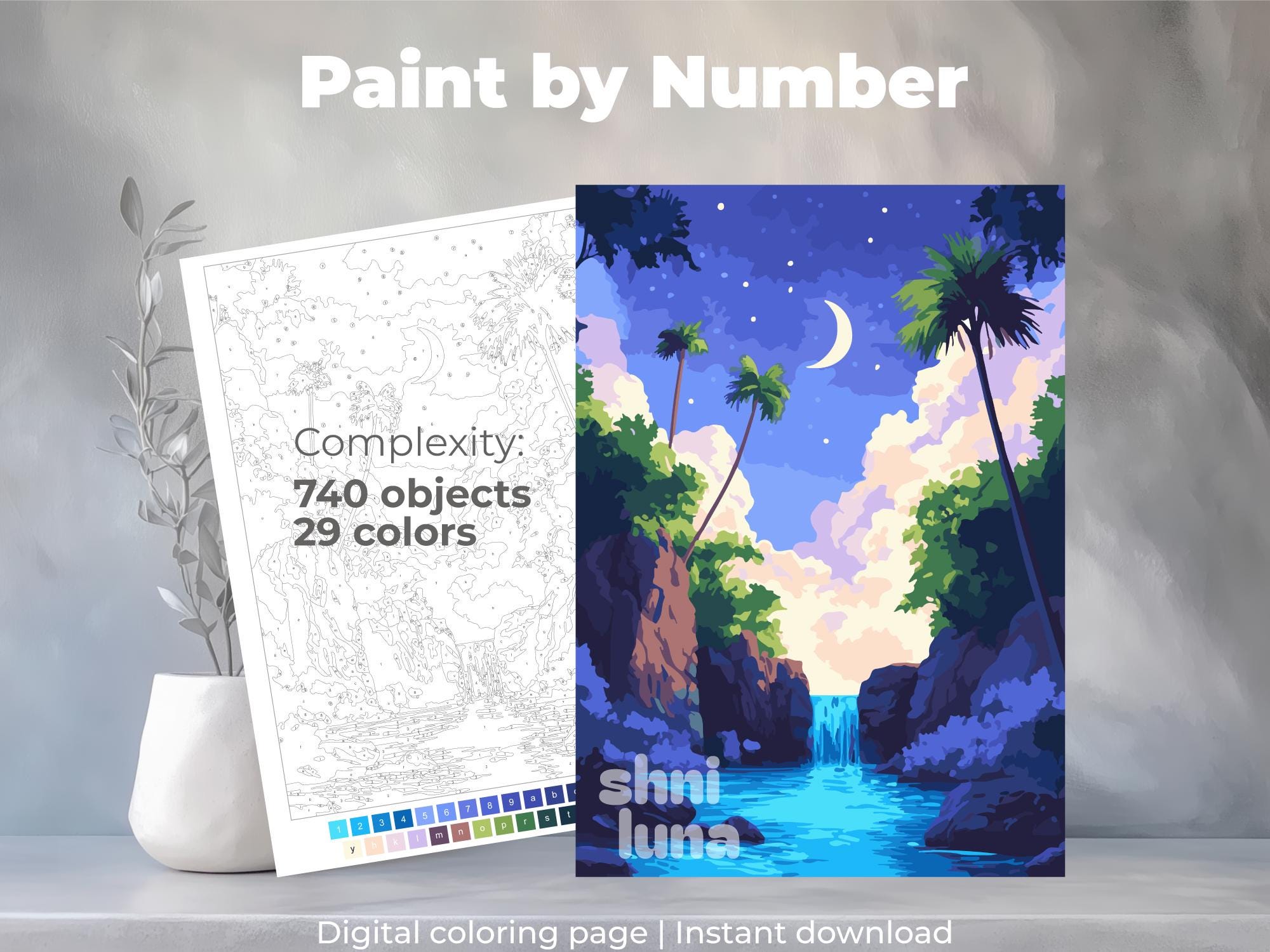 Pintar por números digital para adultos – Cascada tropical nocturna imprimible | Página para colorear en iPad con Procreate y color por números detallado