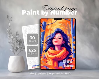 Könnte beinhalten: Digitales Malen-nach-Zahlen-Kunstwerk mit einer Frau mit blauen Haaren und einem orangefarbenen Schal, vor einer Herbstwaldkulisse. Enthält eine Farbpalette und Objektanzahl. Der Text "Paint by Number" und "shni luna" sind ebenfalls sichtbar.