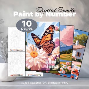 10 Paint by Number Coloring Pages for Adults | Digital Bundle for Tablet | Floral, Animal & Landscape Printable Art Collection