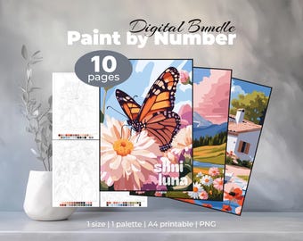 10 Malen nach Zahlen Ausmalseiten für Erwachsene | Digital Bundle für Tablet | Blumen, Tiere & Landschaft druckbare Kunstsammlung