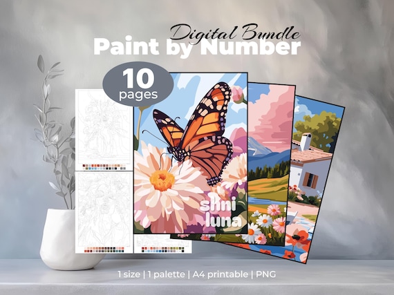 10 Paint by Number Coloring Pages for Adults | Digital Bundle for Tablet | Floral, Animal & Landscape Printable Art Collection