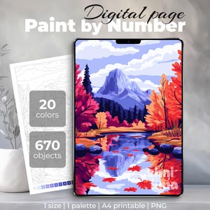 Fall Lake Paint by Number | Digital Autumn Landscape Coloring Page | Printable A4/A3 PNG