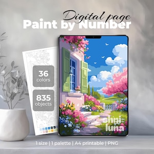 May include: Digital paint-by-number image on a tablet, depicting a colorful landscape with a house, flowers, and a blue sky. Includes a paper with 36 colors and 835 objects. The text "Digital page Paint by Number" is visible.