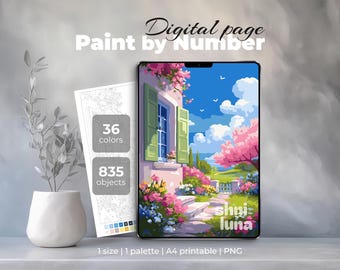 Blooming Garden Paint by Number – Cottage Spring Printable Art – Digital Coloring Page for iPad & Procreate