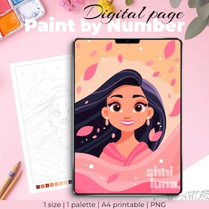 Pagina da colorare digitale per alleviare lo stress / Principessa dei cartoni animati da dipingere con i numeri / Arte terapeutica per adolescenti e adulti