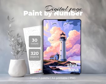 Lighthouse Paint by Number for Adults | Coastal Sunset Digital Coloring Page | Seaside Landscape Art | Printable PNG for Tablets