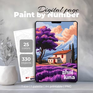 May include: Digital paint-by-number landscape scene featuring a house with a red roof, purple trees, and lavender fields. The image is displayed on a tablet, with a matching color palette and a sheet with 25 colors and 330 objects.