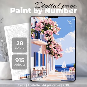 Paint by number for adult, Digital color by number, Printable coloring page, Sea House, Travel landscape, Detailed coloring sheet