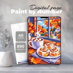 Könnte beinhalten: Eine digitale Malen-nach-Zahlen-Seite mit einer herbstlichen Szene, einer dampfenden Tasse Kakao und drei Zimtschnecken auf einem Tisch. Der Blick aus dem Fenster zeigt orangefarbene Bäume und ein Haus. Text: Digital page, Paint by Number, 40 colors, 890 objects, 1 size, 1 palette, A4 printable, PNG.