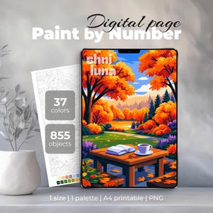 Puede incluir: Una página digital de pintura por números con un paisaje otoñal vibrante con árboles naranjas, una mesa de madera, un libro abierto y una taza de café. El gráfico incluye el texto shni luna, 37 colores, 855 objetos, 1 tamaño, 1 paleta, A4 imprimible y PNG.