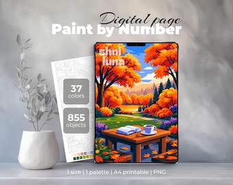Libro de otoño para colorear por números: página digital para colorear de otoño acogedora para iPad y Procreate: libro, café, arte imprimible.