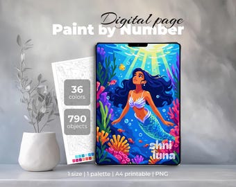 Mermaid Girl Paint by Number – Underwater Fantasy Coloring Page – Digital Art for iPad & Printable