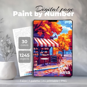 Mysigt café, måla efter nummer | Digital målarbild för iPad och Procreate | Höstgata, utskrivbar PNG