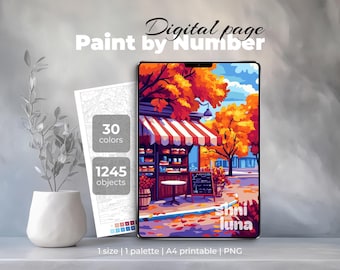 May include: Digital paint-by-number art on a tablet, featuring a cafe scene with a red and white striped awning and autumn foliage. A paper with 30 colors and 1245 objects is next to the tablet. A white vase with a plant is on the left.
