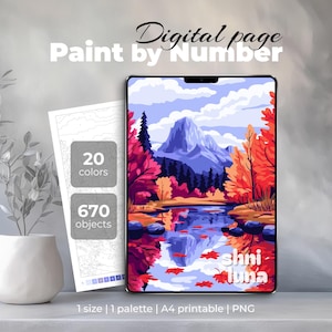 Höstsjö målar efter nummer | Digital höstlandskap målarbild | Utskrivbar A4/A3 PNG