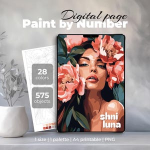 Paint by number for adult, Digital color by number, Printable coloring page, Woman with flowers, Detailed coloring sheet