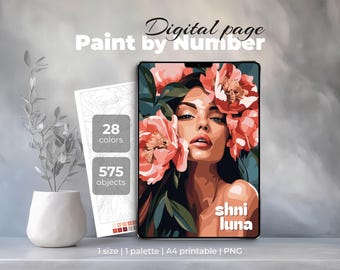Pintura por números para adultos, Colorear por números digital, Página para colorear imprimible, Mujer con flores, Lámina para colorear detallada