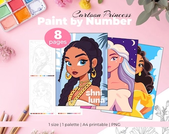 Libro para colorear imprimible por números, libro para colorear PNG por números, libro para colorear digital para adultos "Princesa de dibujos animados", arteterapia, hojas para colorear detalladas