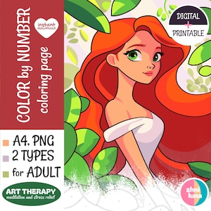 Digital Download Coloring Page - Paint by Number Cartoon Girl | Relaxing Adult Coloring Sheet for Anxiety & Focus