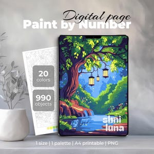May include: Digital paint-by-number art displayed on a tablet, featuring a serene landscape with a tree, lanterns, and a river. A printed guide with 20 colors and 990 objects is next to the tablet. The words "Digital page Paint by Number" are at the top.