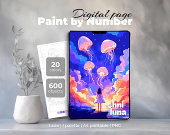 Dreamy Fantasy Paint by Number | Digital Coloring Page for iPad & Procreate | Surreal Night Printable Sheet