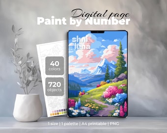 Paesaggio montano da colorare con i numeri – Pagina da colorare di paesaggio alpino per iPad e Procreate – Arte naturalistica stampabile