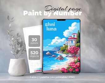 Mediterranean Seaside Villa Paint by Number – Coastal Vacation Coloring Page for iPad & Procreate – Printable Travel Art