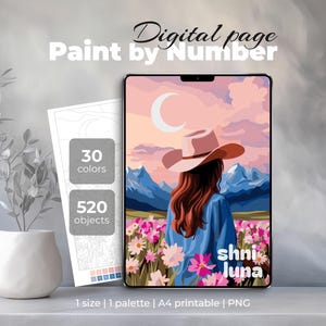 Cowgirl op veld met wilde bloemen Verf op nummer | Digitale kleurplaat bergzonsondergang | Westerse esthetische kunst voor volwassenen | Afdrukbare png