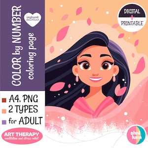 Digital Coloring Page for Stress Relief | Cartoon Princess Paint by Number | Therapeutic Art for Teens & Adults