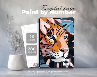 Paint by number for adult, Digital color by number, Printable coloring sheet, Leopard coloring page, Detailed animal coloring