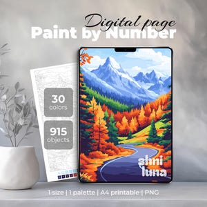 Herbst Berge Malen nach Zahlen | Digitale Herbst-Malbuch für Erwachsene | Procreate & Druckbare Seite