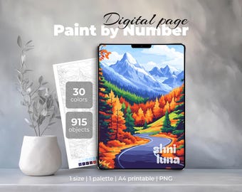 Herbst Berge Malen nach Zahlen | Digitale Herbst-Malbuch für Erwachsene | Procreate & Druckbare Seite