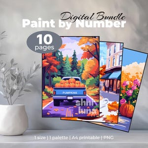 May include: A digital bundle of 10 paint by number pages featuring autumn scenes. The images include a blue truck filled with pumpkins, a city street, and floral arrangements. The text reads Digital Bundle, Paint by Number, 10 pages, and shni luna.