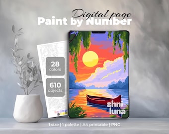 Digital Paint by Number for Adults | Color by Numbers Sunset Boat on Lake | iPad & Procreate Coloring Page | Printable Detailed Sheet