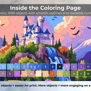 May include: A colorful digital coloring page featuring a castle, waterfall, and landscape. The image includes 30 colors and 1090 objects with smooth outlines and readable numbers. Text at the bottom reads: Fewer objects = easier for print. More objects = more engaging on a tablet.