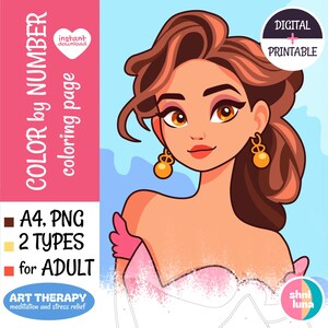 Página para colorir para imprimir por número para adultos e adolescentes, linda arte de desenho animado para meninas, folha para colorir de atenção plena e relaxamento