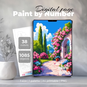 Puede incluir: Una escena digital de pintar por números en una tableta, que presenta un jardín vibrante con flores rosas y un camino de piedra. Una hoja de papel muestra la paleta de colores y el número de objetos. El texto "Digital page Paint by Number" está en la parte superior.