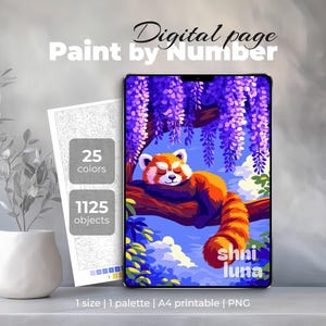 以下が含まれることがあります： デジタルペイントバイナンバーの画像。枝で眠っているレッサーパンダ、紫色の藤と青い葉が特徴です。画像はタブレットに表示され、「Digital page Paint by Number」というテキストとカラーガイドが付いています。