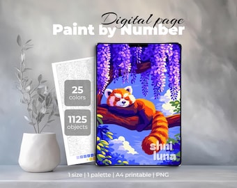 Rode panda schilderen op nummer | Schattige dieren afdrukbare kunst | Digitale kleurplaat (voortplanten)