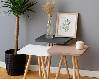 Modern Pastel Nesting Side Tables – Set of 3 Square Tables with Wooden Legs in White, Gray & Cappuccino – Minimalist Coffee or End Tables