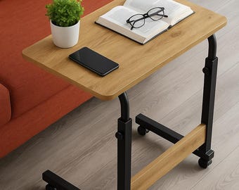 Minimalist Adjustable Laptop Table – C Shaped Sofa Side Desk – Industrial Wood & Metal Study Table