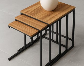 Metal C Industrial Nesting Side Tables – Set of 3 Modern Wood and Metal Coffee Tables, Space Saving Minimalist End Tables for Living room