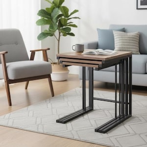 Modern Nesting C Side Table Set, Wooden Top with Black Metal Frame, Space Saving Sofa & Living Room Accent Tables