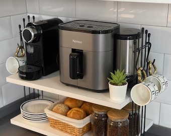 Modern Two Tier Coffee Machine Shelf with Hooks, White Kitchen Counter Organizer, Coffee Station Rack, Space Saving Storage