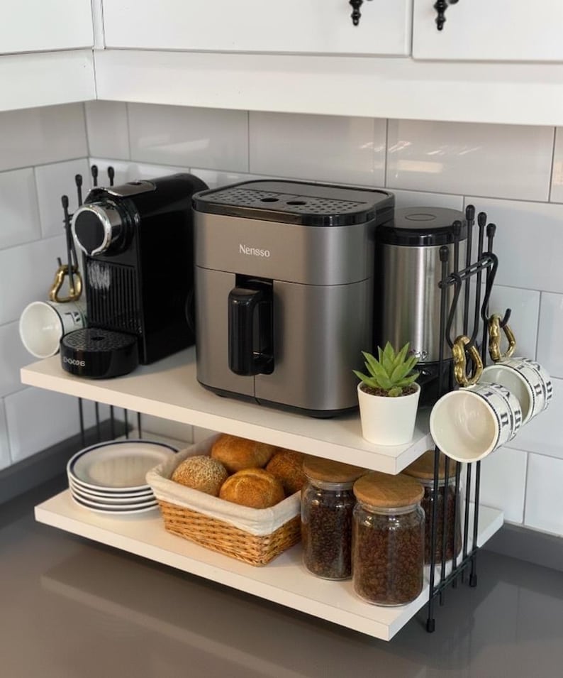 Modern Two Tier Coffee Machine Shelf With Hooks, White Kitchen Counter ...