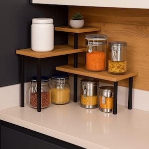 Metal and Wood Shelf – Kitchen Counter Organizer, Spice Rack, Bathroom Storage Stand, Rustic Display Shelf, 3-Tier Shelf