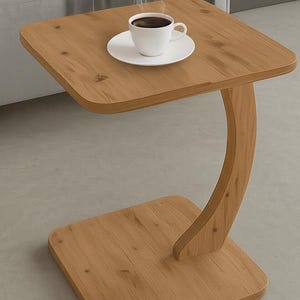 Square Wooden C Shaped Side Table for Couch | Rustic Modern Sofa End Table | Compact Laptop Snack Tray Table