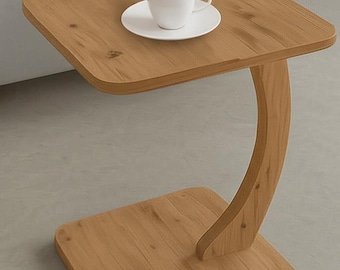 Square Wooden C Shaped Side Table for Couch | Rustic Modern Sofa End Table | Compact Laptop Snack Tray Table