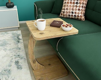 Square Wooden C Shaped Side Table, For Couch Rustic Modern Sofa