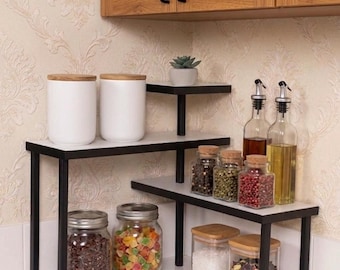 Estantería de metal y madera para encimera de cocina, organizador de especias, estante rústico, estante de 3 niveles